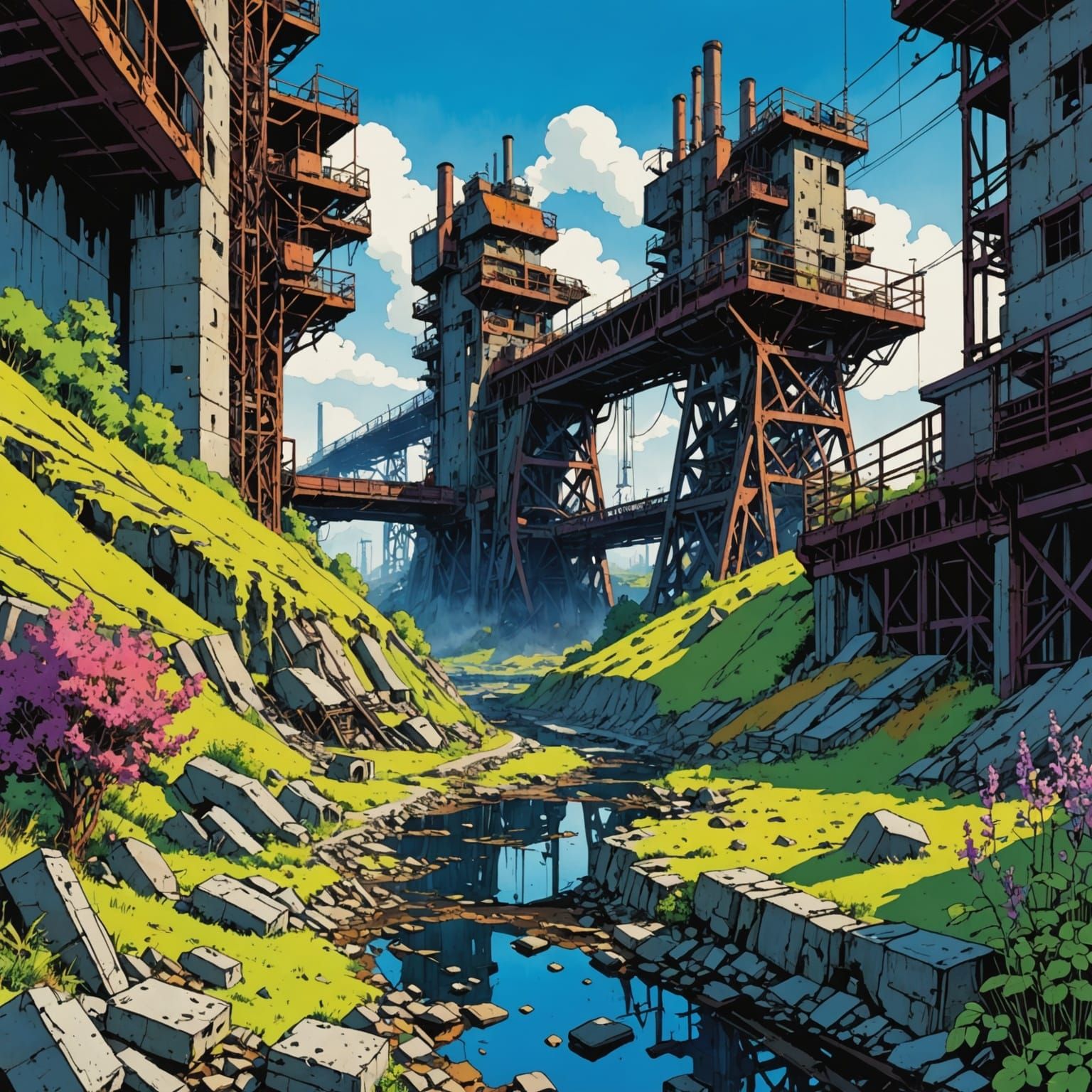 Industrial Wasteland with Nature, Comic Book Style