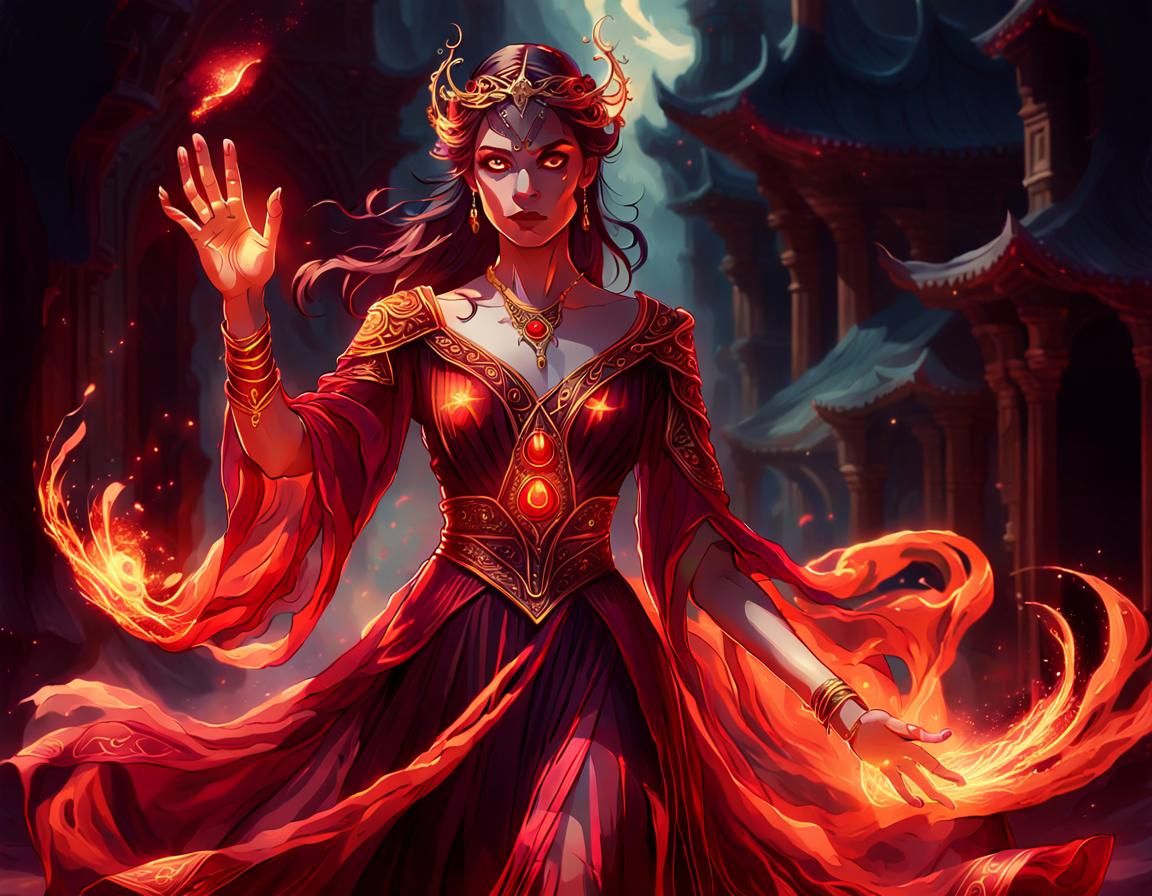 Mystical Sorceress Portrait with Crimson Dress and Glowing H...