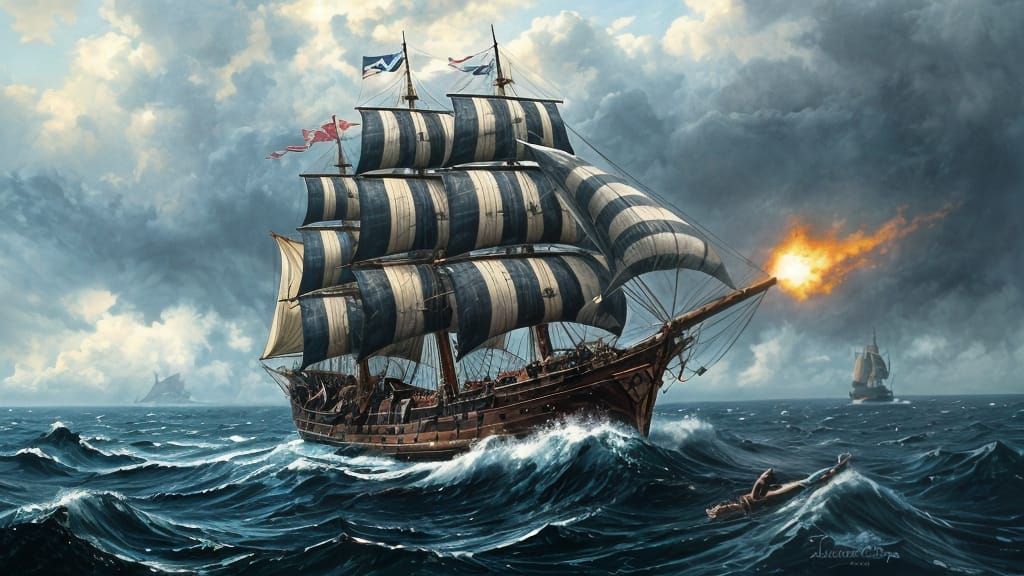 Pirate Ship in Stormy Sea, Oil Painting in Dark Fantasy Styl...