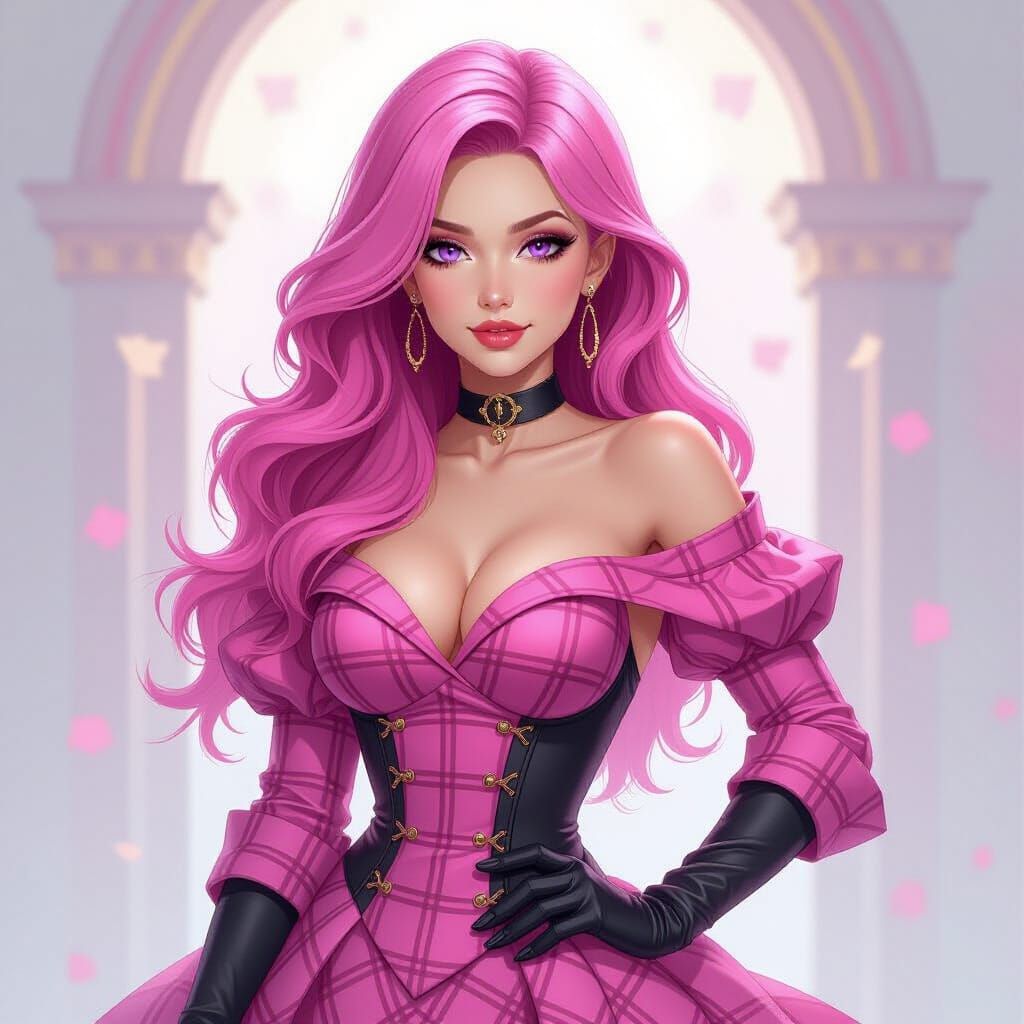 Pink Haired Woman in Pink Gown, Watercolor Ink Style