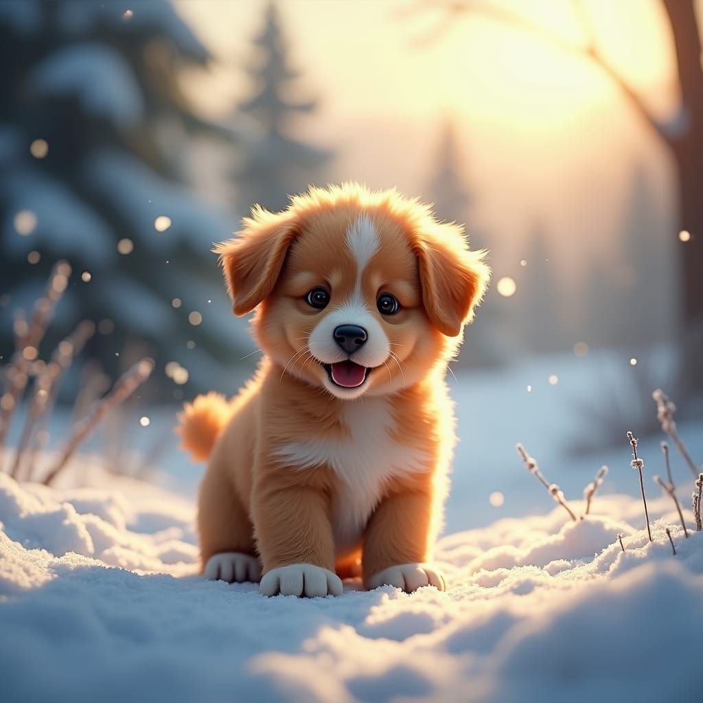 Golden Puppy in Winter Wonderland, as Digital Matte Painting