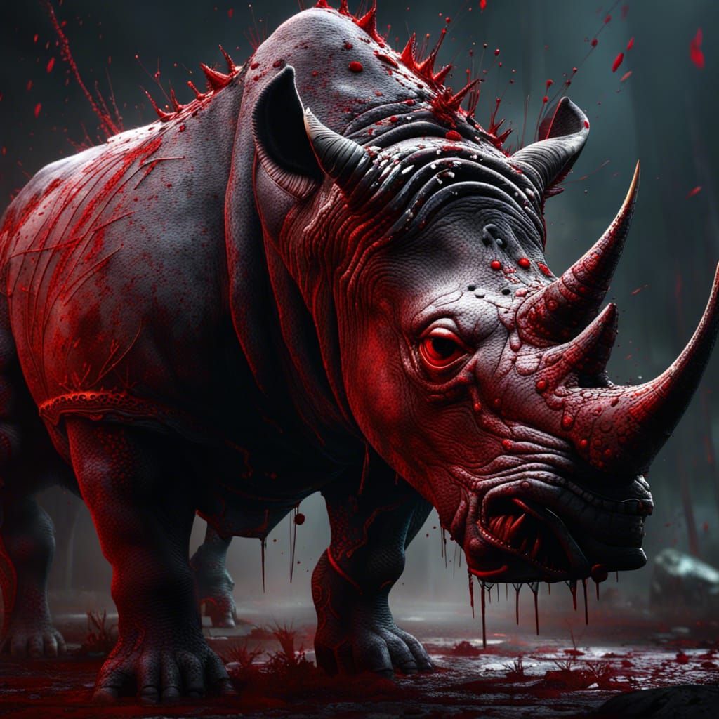 Raging Rhino with Blood Splatter in Detailed Painting