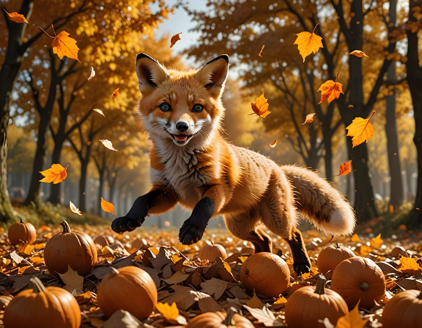 Playful Fox Cub Leaping Through Autumn Leaves