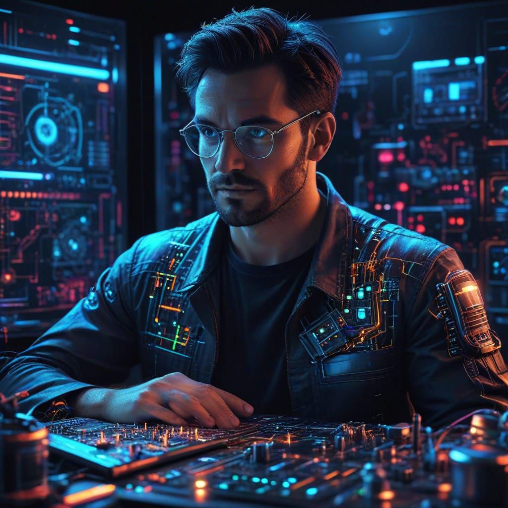 Futuristic Inventor Unveils Brilliant Blueprint in Neon-Lit ...