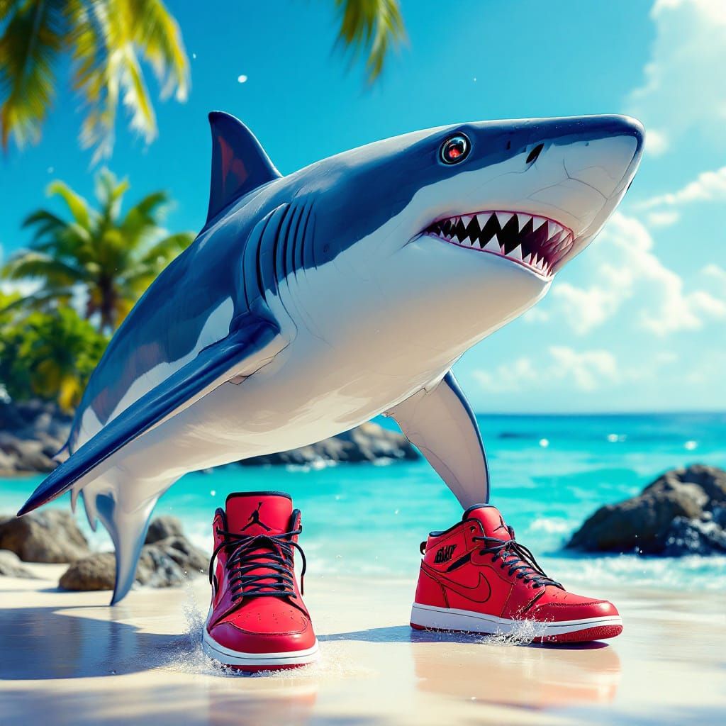 Great White Shark in Nike Shoes on Tropical Beach