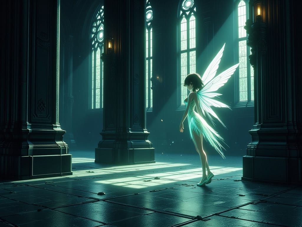 Close up portrait of An ethereal fairy with iridescent wings hovering in the dimly lit nave of a gothic cathedral. Stain...