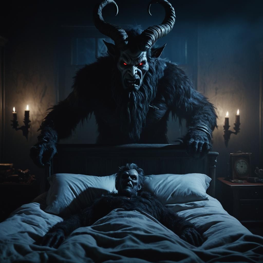 Krampus Watches Over Sleeping Man: Gothic Digital Art