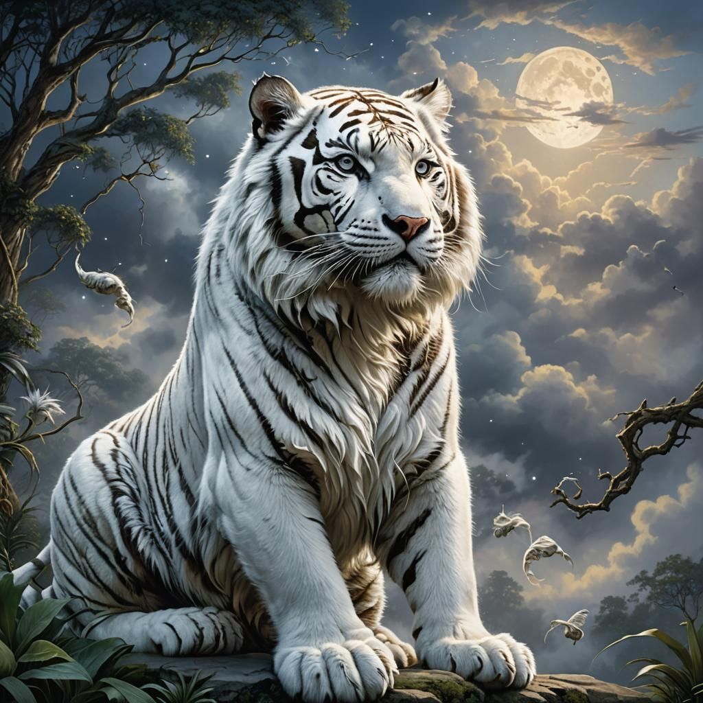 photo realistic white tiger with long fur extending cloud set against a full moonlit sky ethereal fantasy hype...