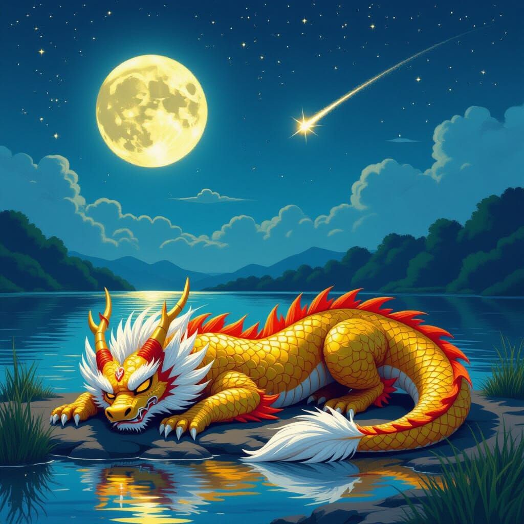 Golden Dragon Sleeps Under Full Moon with Shooting Star