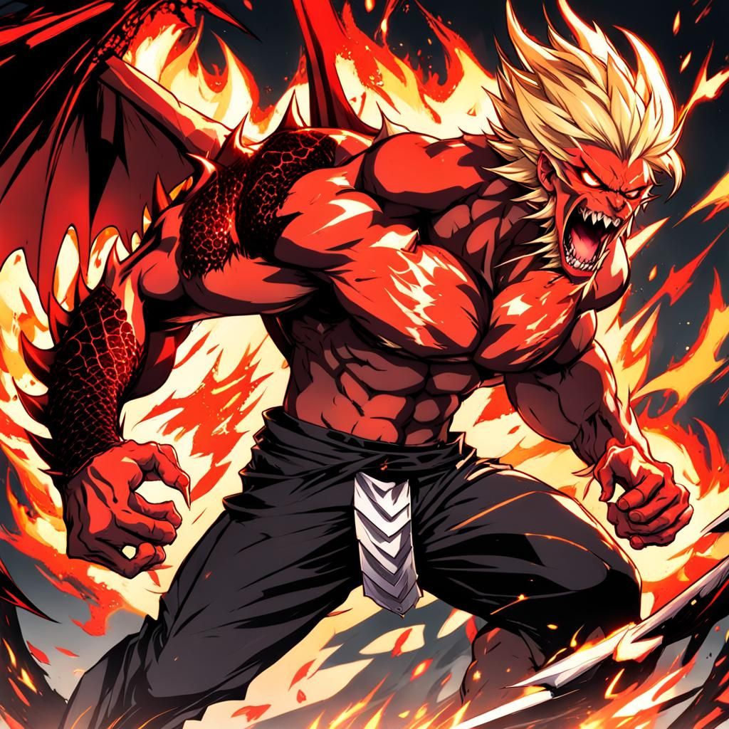 Muscular Dragon-Winged Man Blasting Fire, in Anime Style