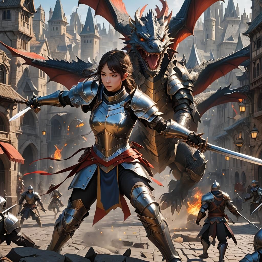Girl Knight Fighting Dragons: 3D Anime Art
