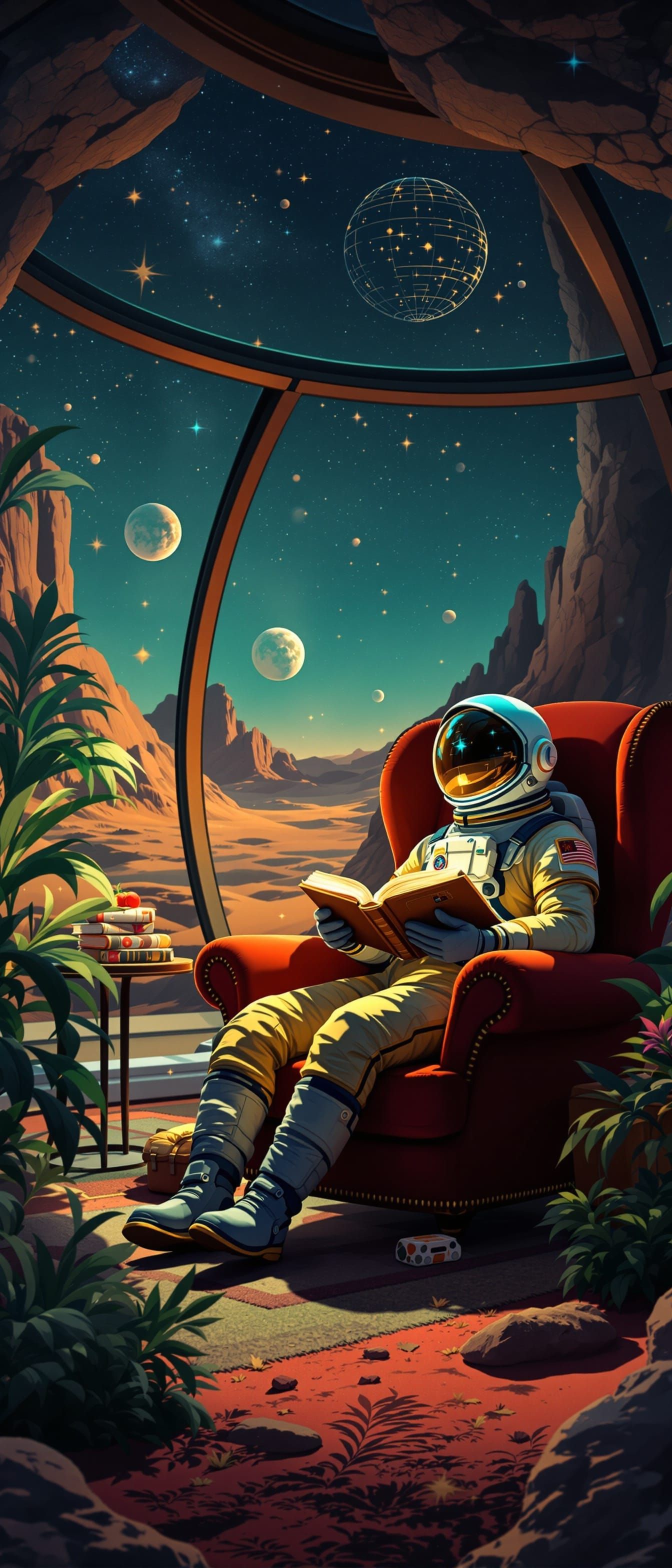 Astronaut Reading in Mars Biodome: Retro-Futuristic Illustra...