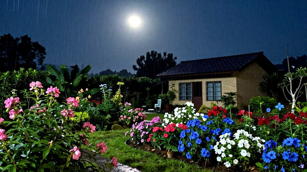 Moonlit Garden in Rain Near Village Hut