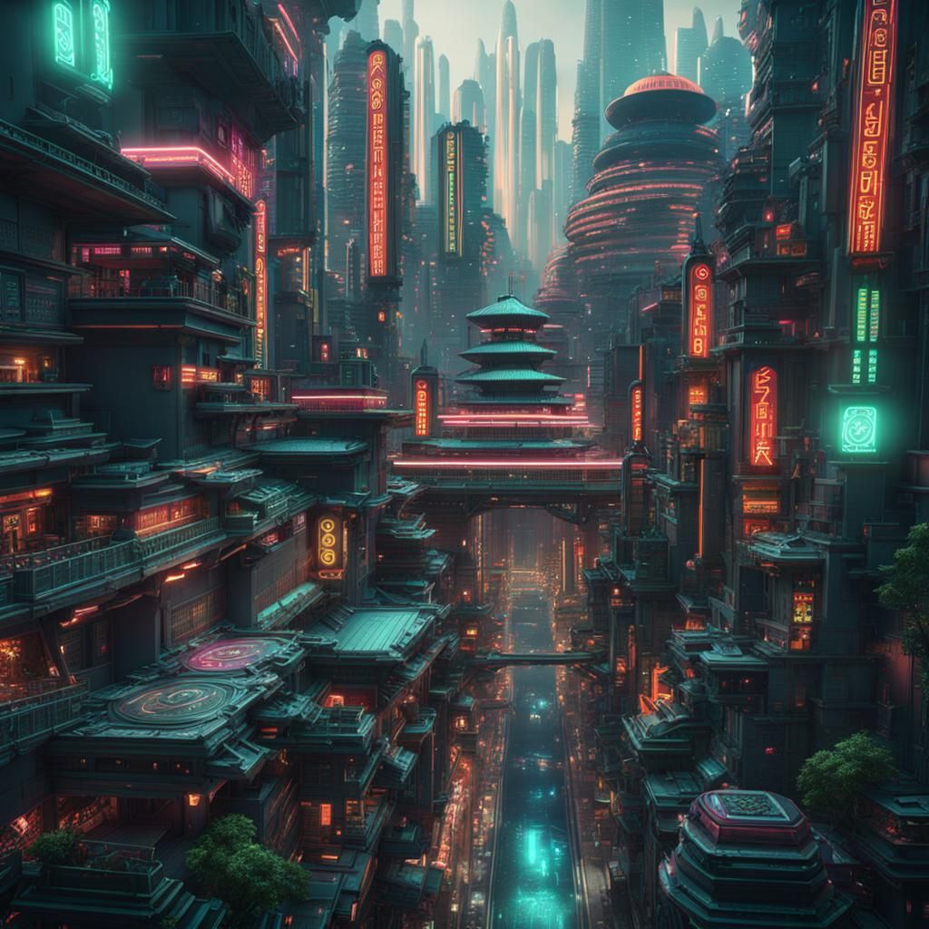 Futuristic Oriental City in Retro Science Fiction Style