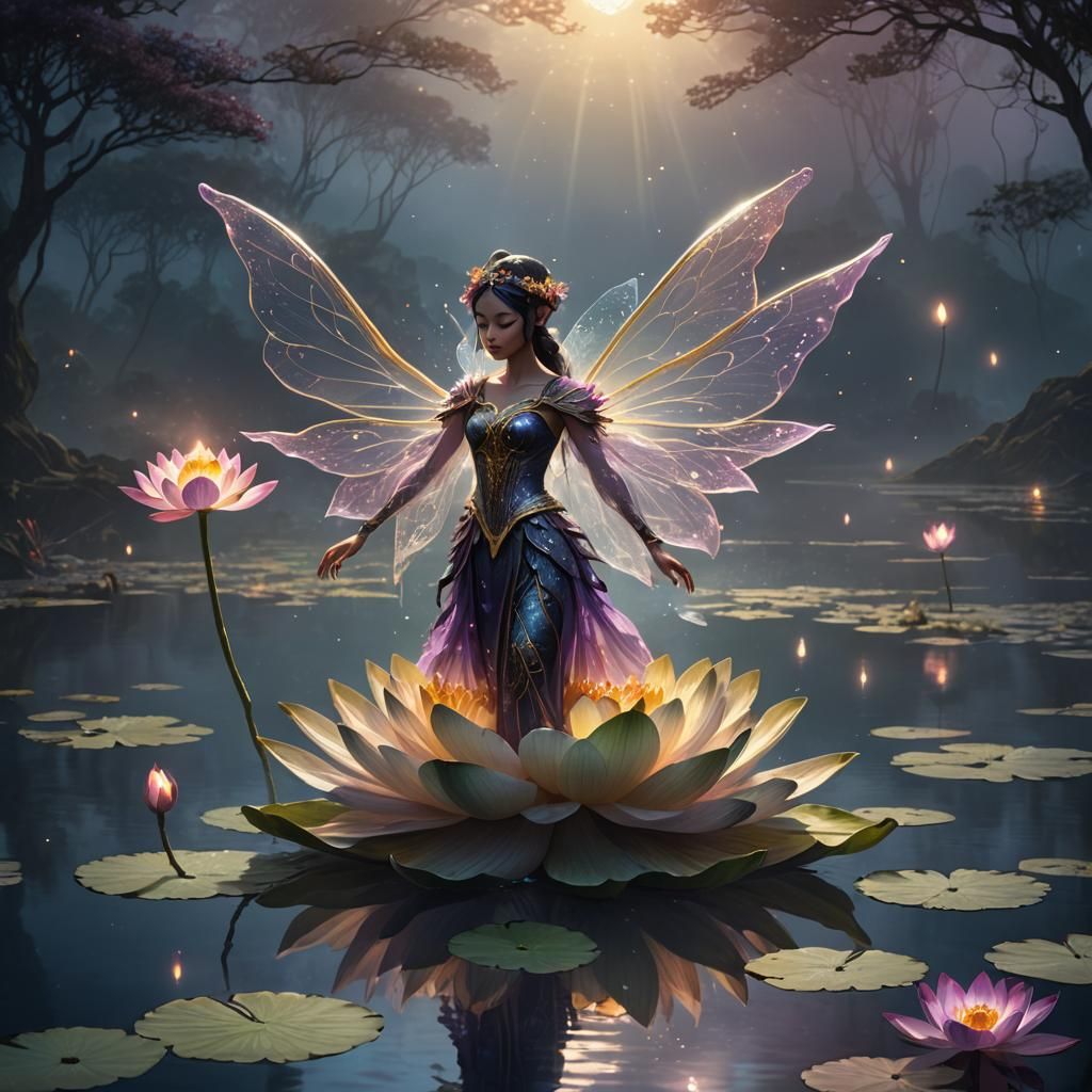 Flower Fairy on Glowing Lotus in Dark Fantasy Art
