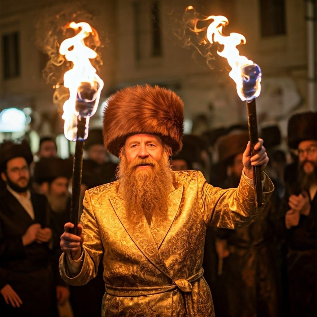 Hassidic Jew Dances with Fire in Chagall Style