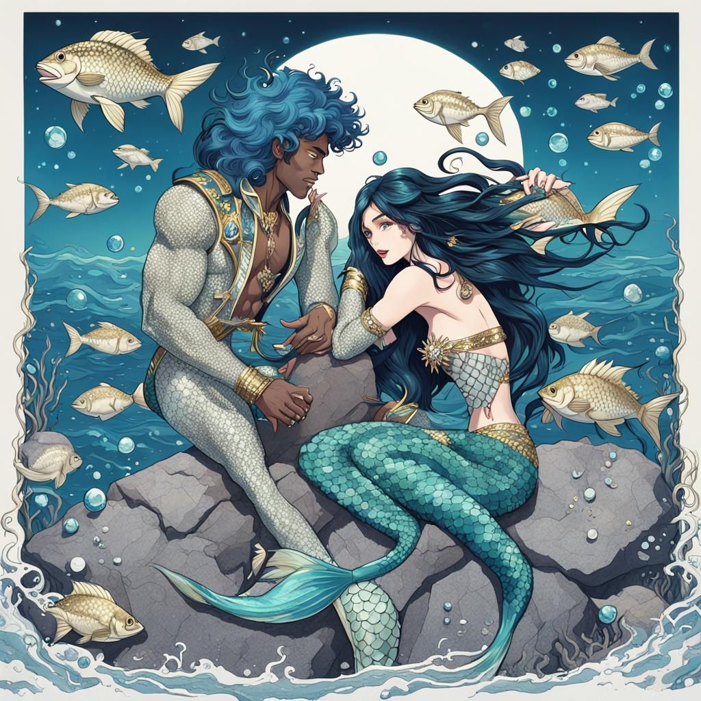 Mermaid and Merman Kiss in Detailed Digital Painting