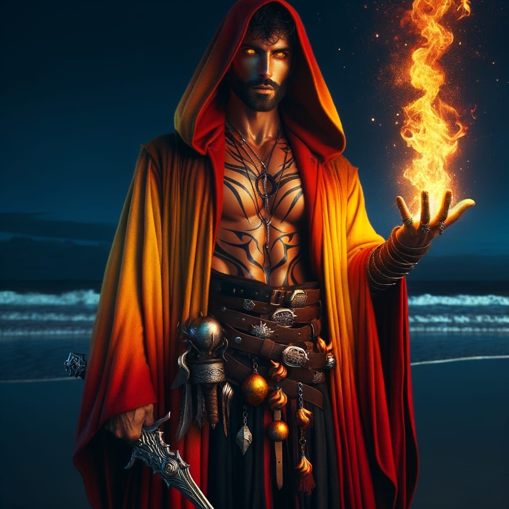 Fire Mage Emitting Fire on Midnight Beach