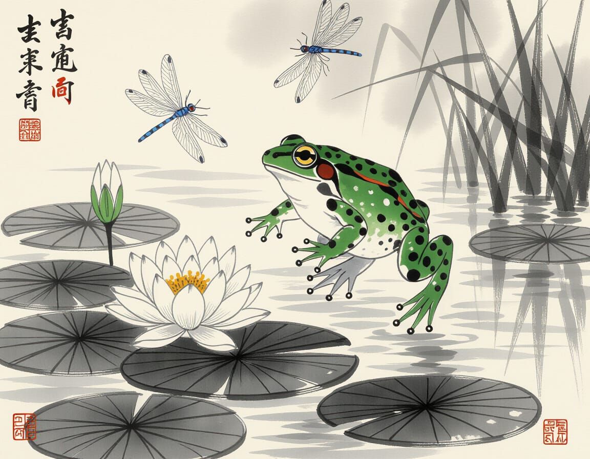 Frog Leaping from Lily Pad: Chinese Ink Painting