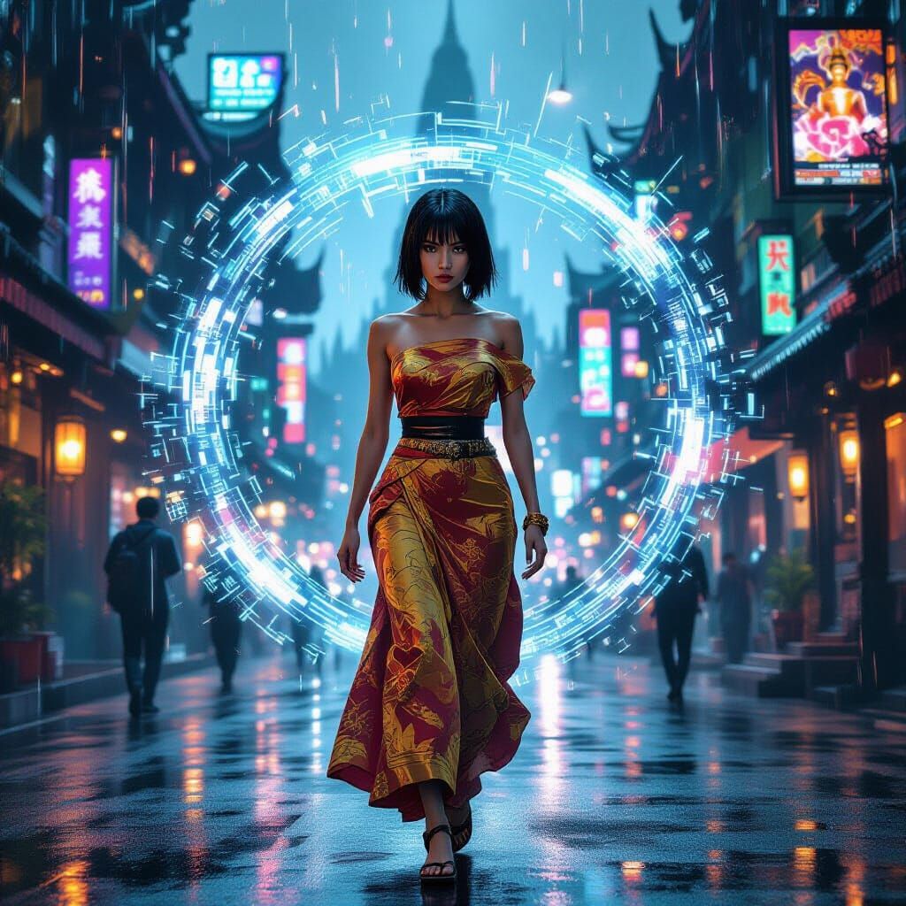 Thai Woman Time Traveler in Cyberpunk Cityscape
