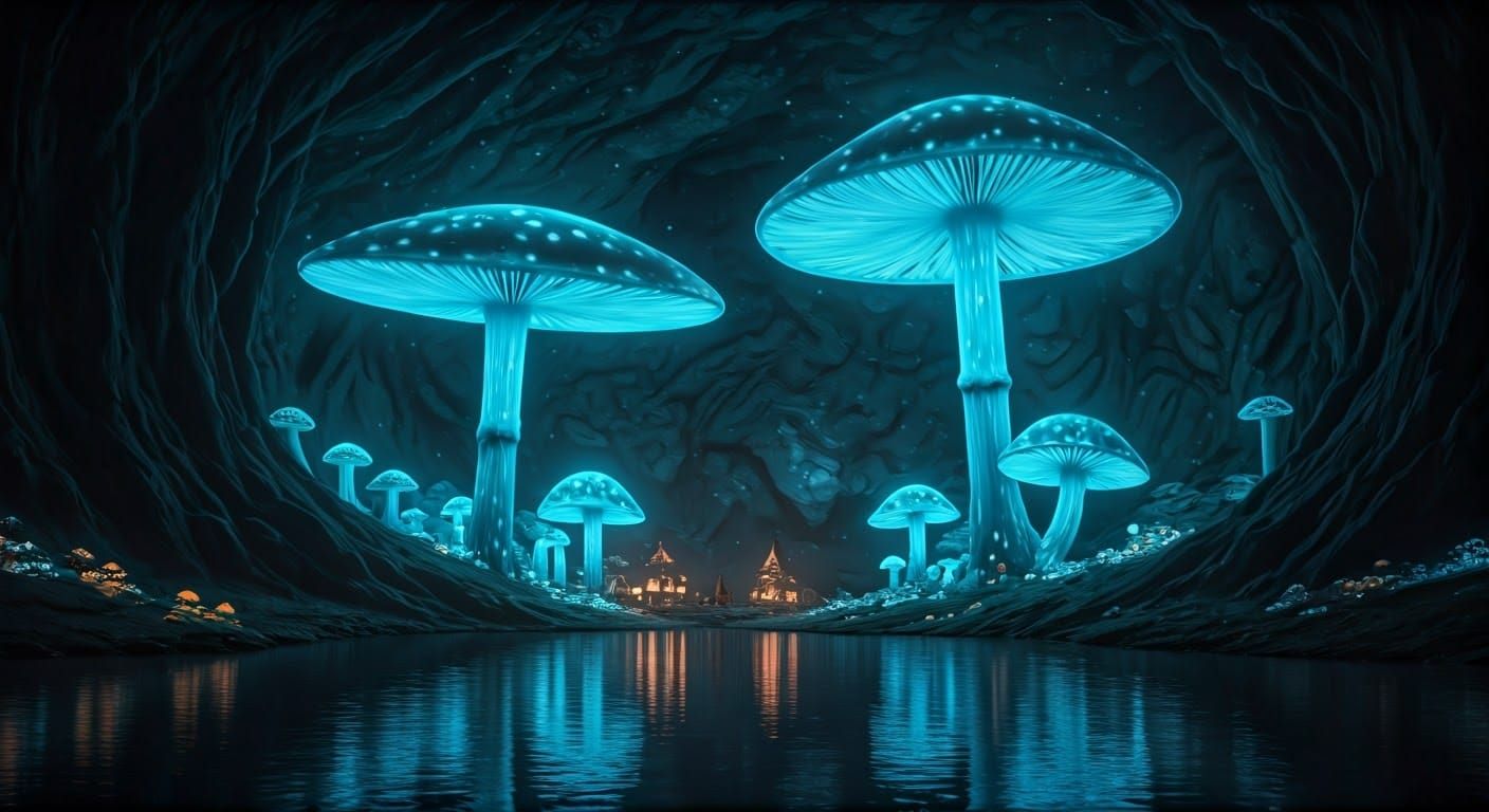Luminous Mushroom Village in a Cinematic Cave
