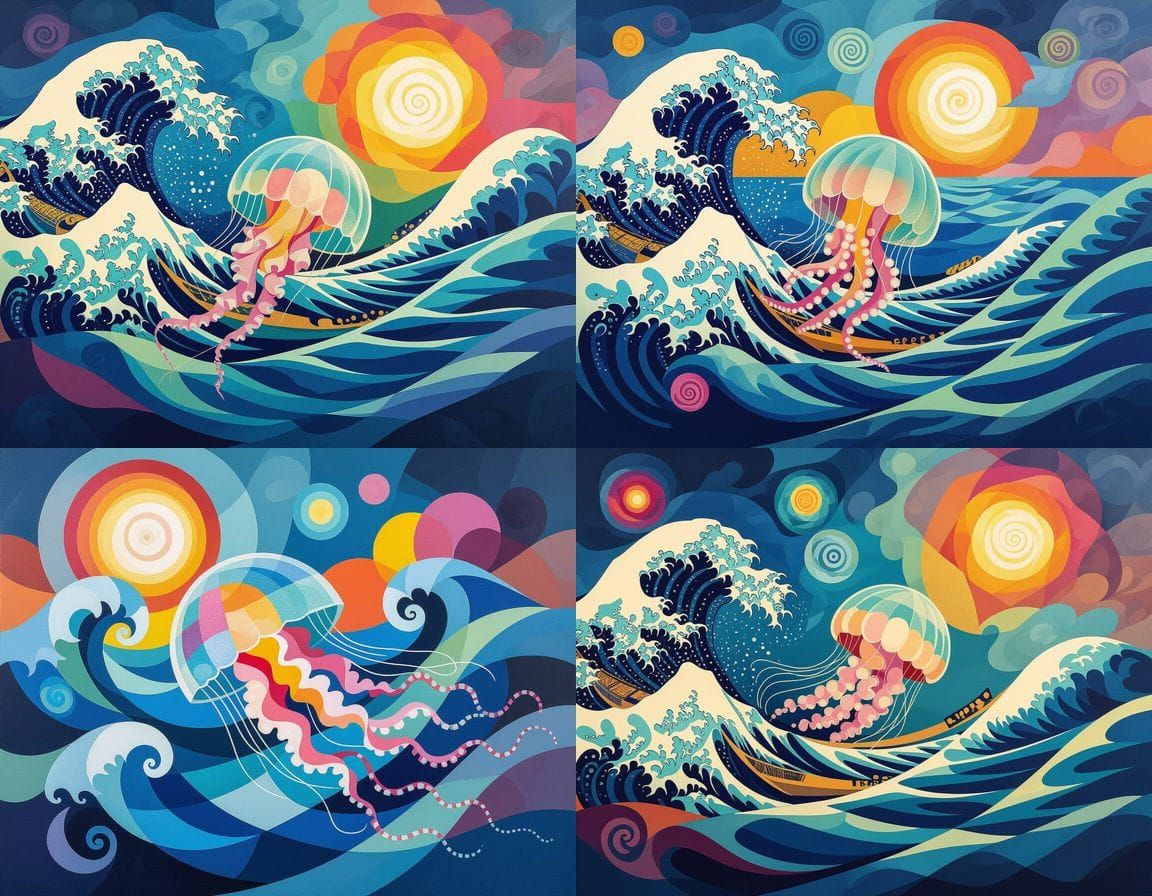Surreal Jellyfish Calamari Seascape in Cubist Style