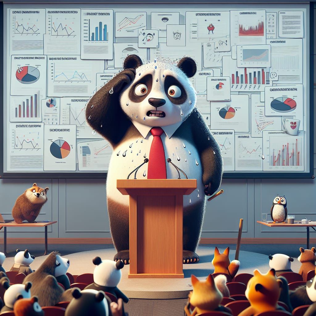 Nervous Panda Gives Presentation in Chaotic Conference Room