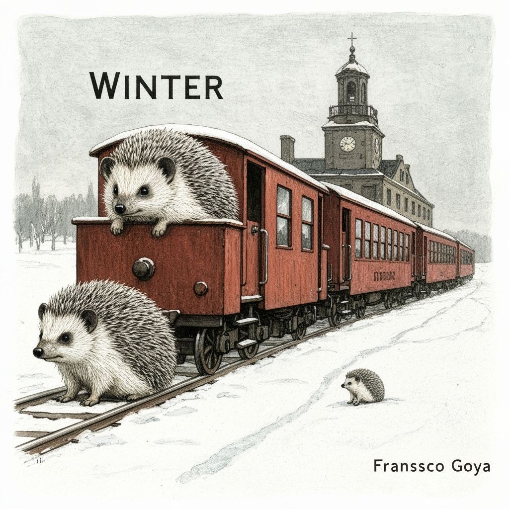 Hedgehogs on a Winter Train in Levitan and Goya Style