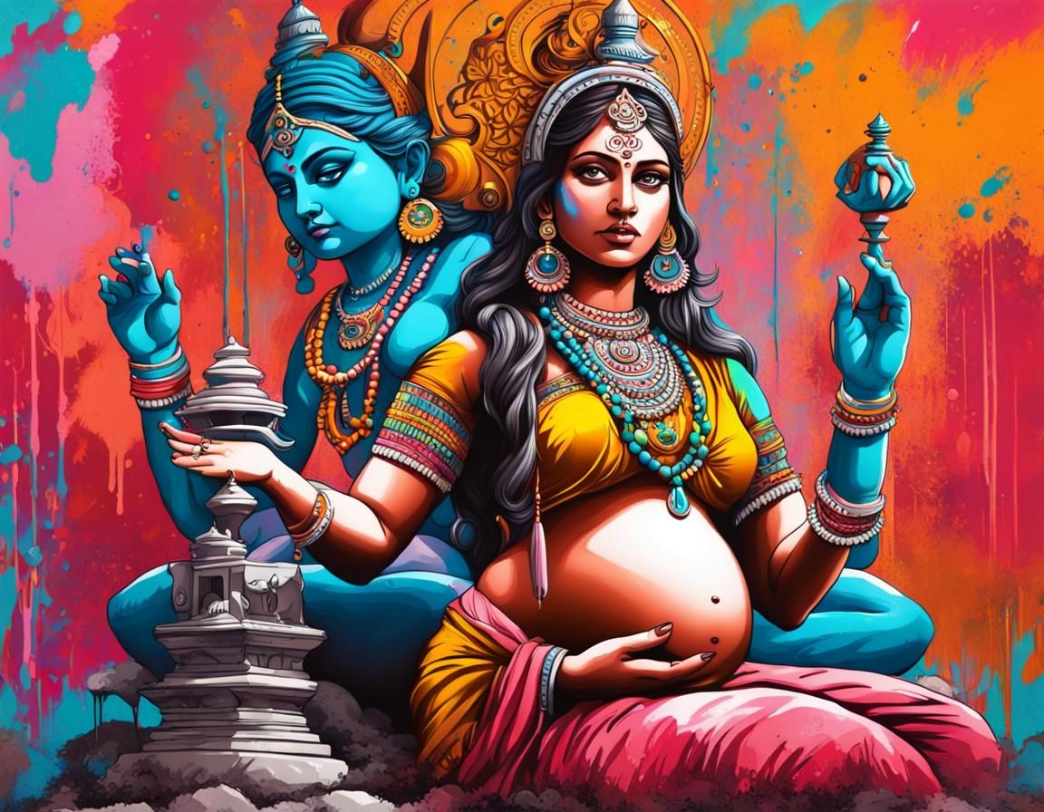 Pregnant Hindu Woman Beside Parvati Statue in Graffiti Art