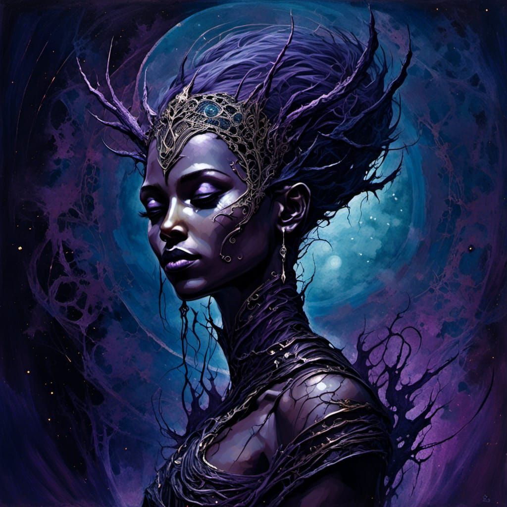 Beautiful Dark Elf with Lyrical Abstraction Background