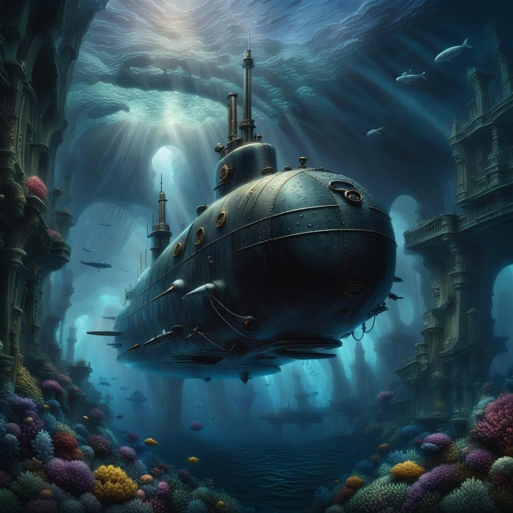 Underwater Submarine in Deep Ocean Digital Painting