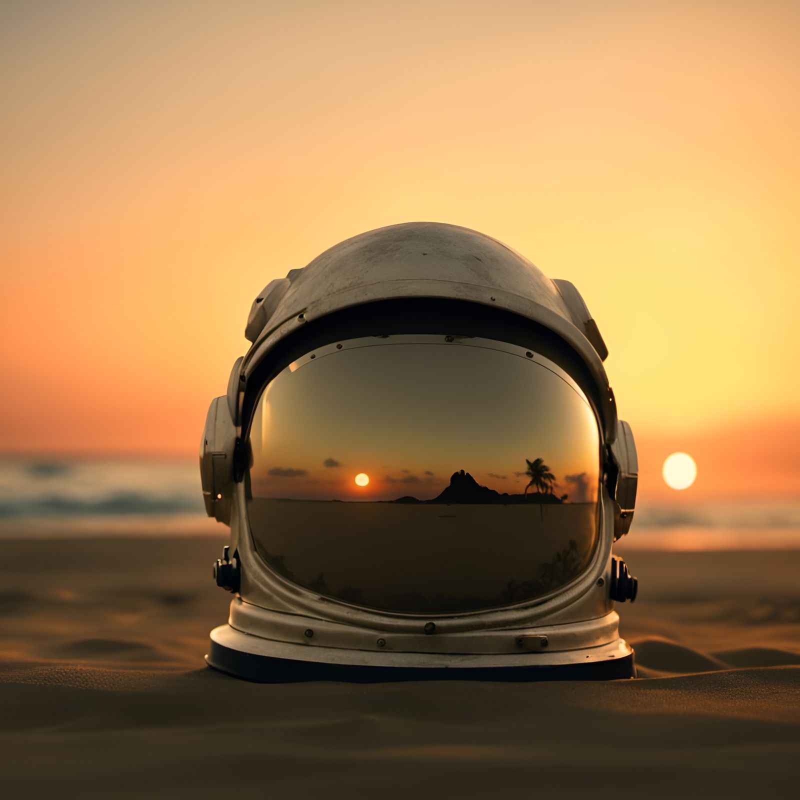 Astronaut Helmet on Beach at Sunset in Photorealism