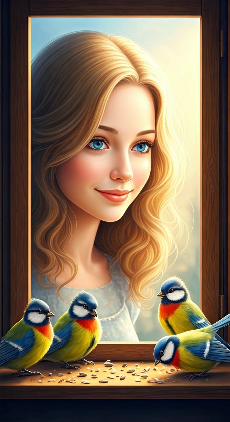 Serene Young Woman Gazing Out Window with Colorful Birds
