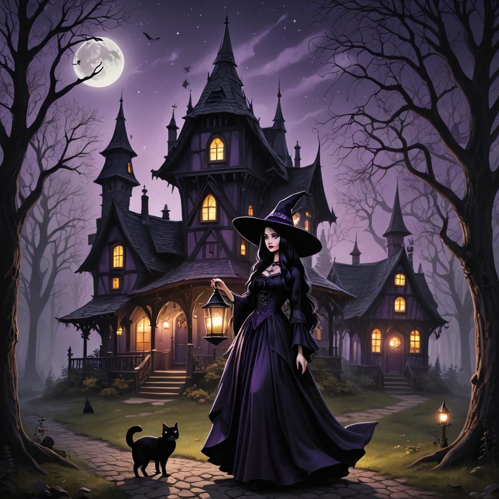 Gothic Witch in Enchanted Forest with Black Cat