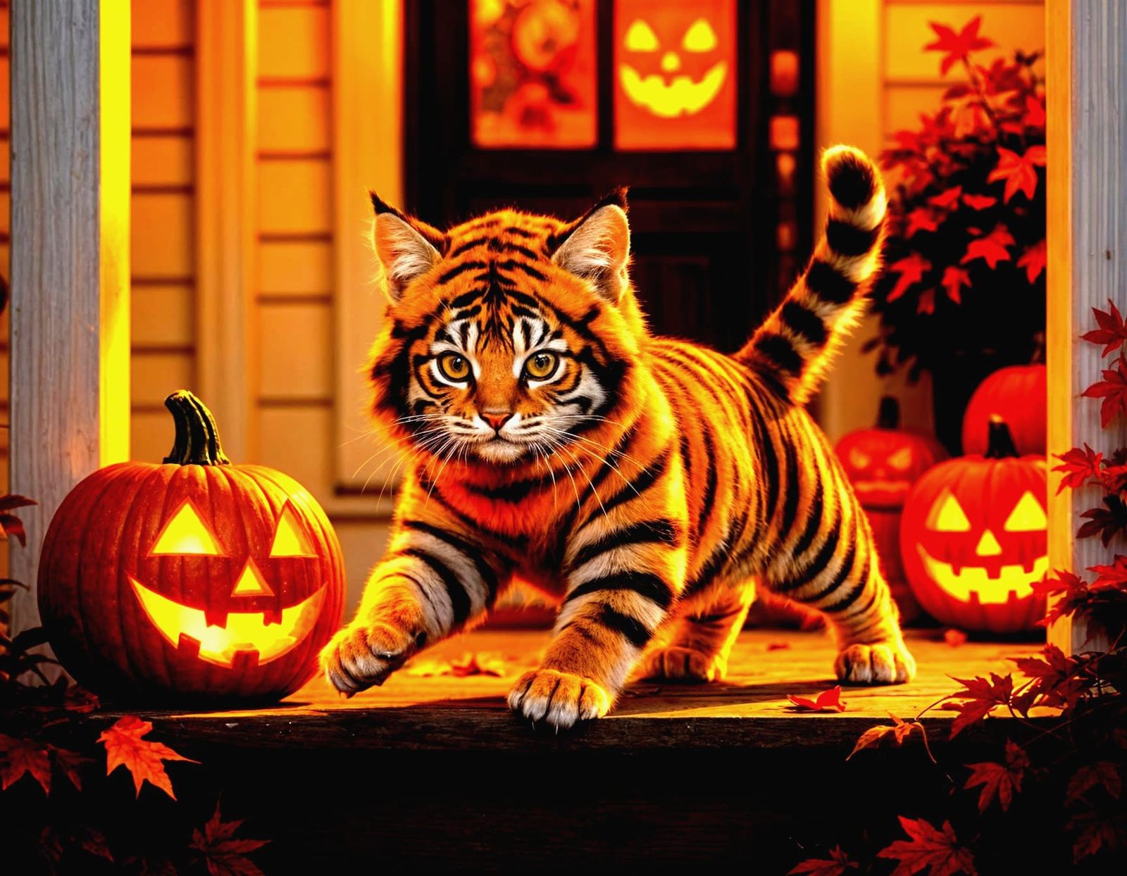 Cat in Tiger Costume Pounces on Halloween Porch