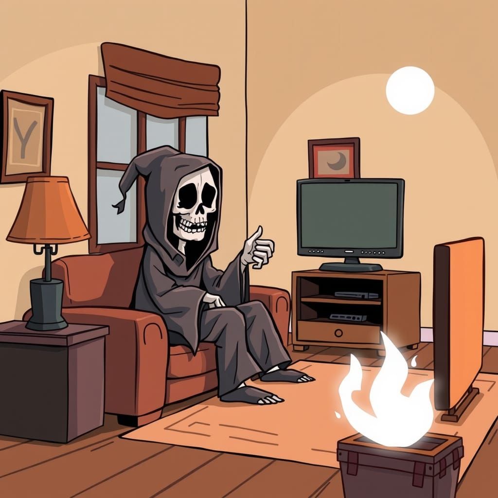 Cartoon Grim Reaper Watching TV on Couch
