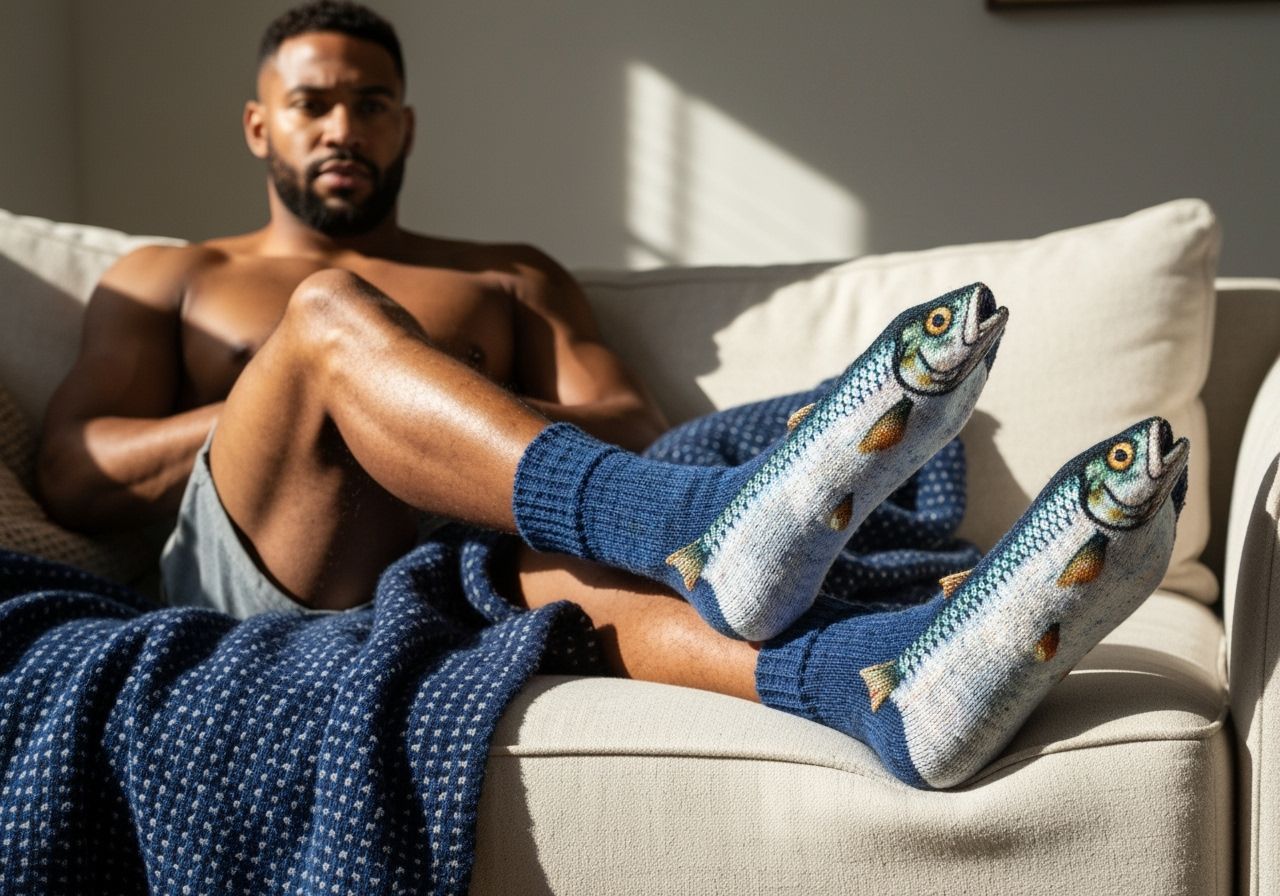 Man Wearing Knitted Herring Fish Socks on Sofa
