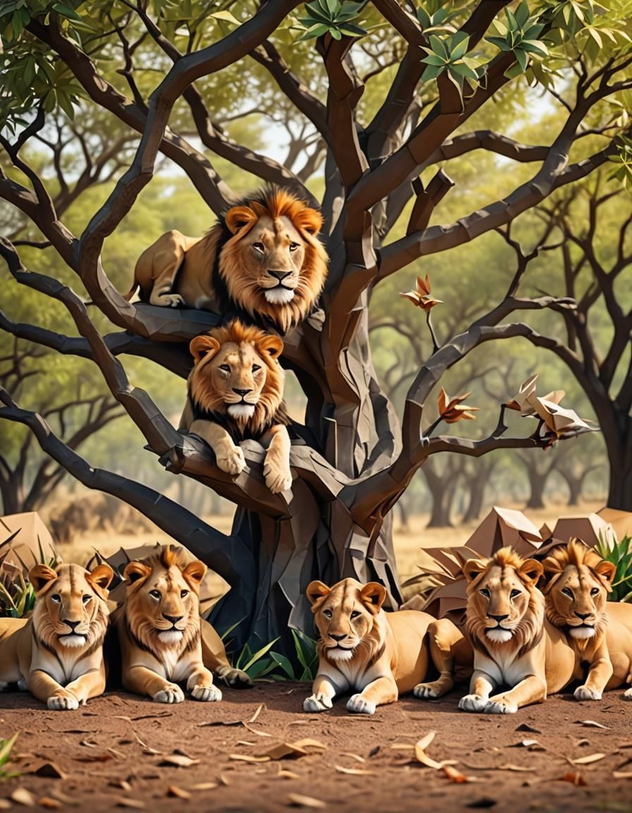 Lions Resting in Origami Style on the Savannah