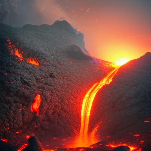 Erupting Volcano with Lava Flow: Digital Illustration