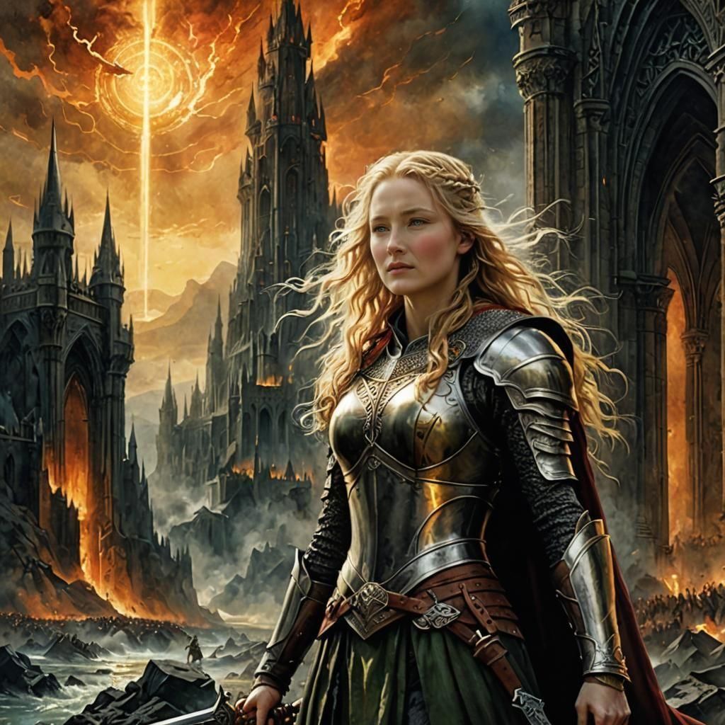 Eowyn Radiating Near Barad-dûr: Watercolour Painting