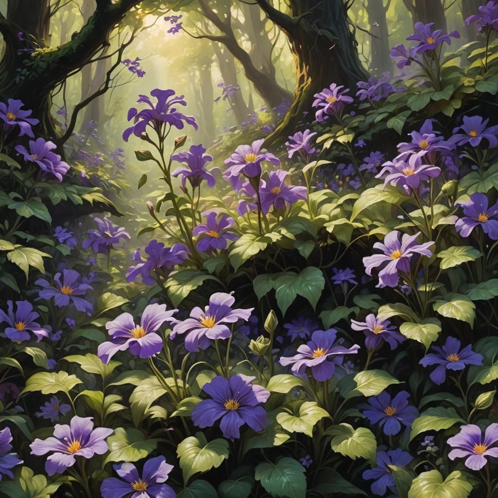 Violet Flowers in Mystical Forest: Oil Painting