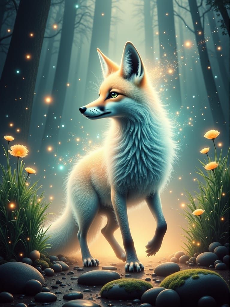 Enchanted Fox in Luminous Glade: Dreamy Sci-Fi Art