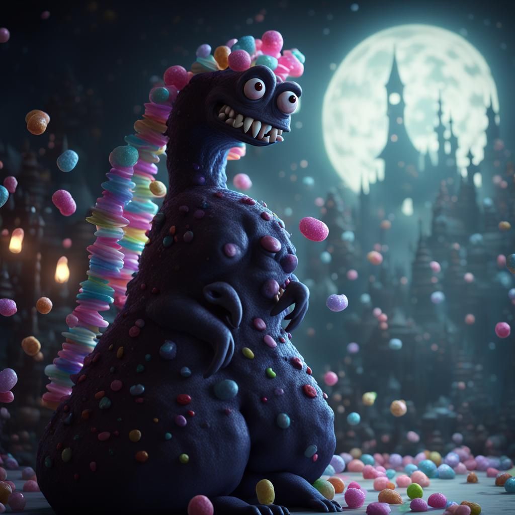 Luminescent Candy Monster Portrait in Disney Pixar Style