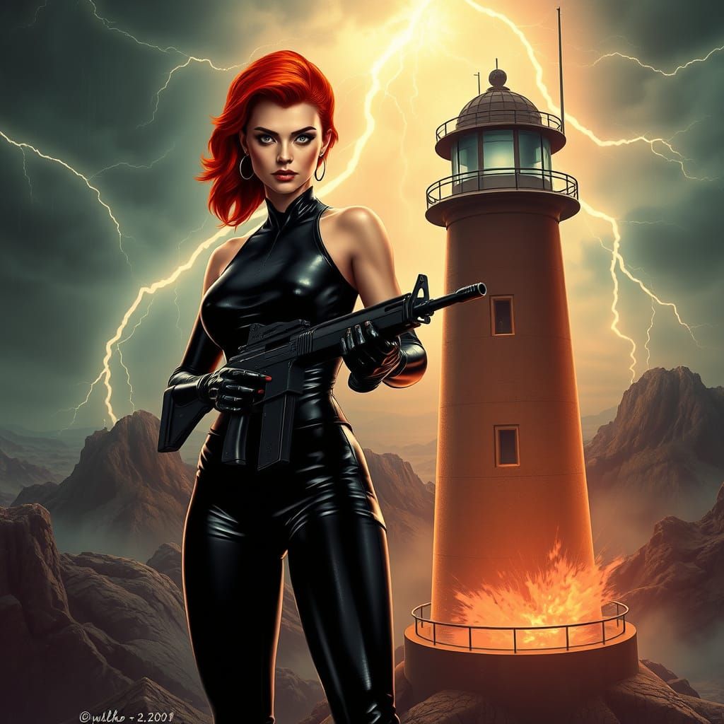 Woman with Thompson Gun on Futuristic Lighthouse
