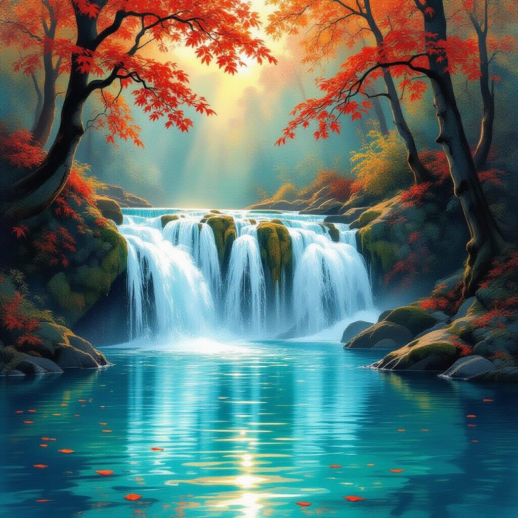 Surreal Autumn Waterfall with Ruby Leaves and Sunlight Ember...