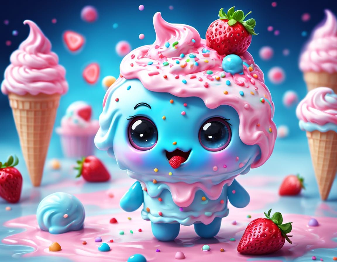 Strawberry Ice Cream Ghost in Chibi Style