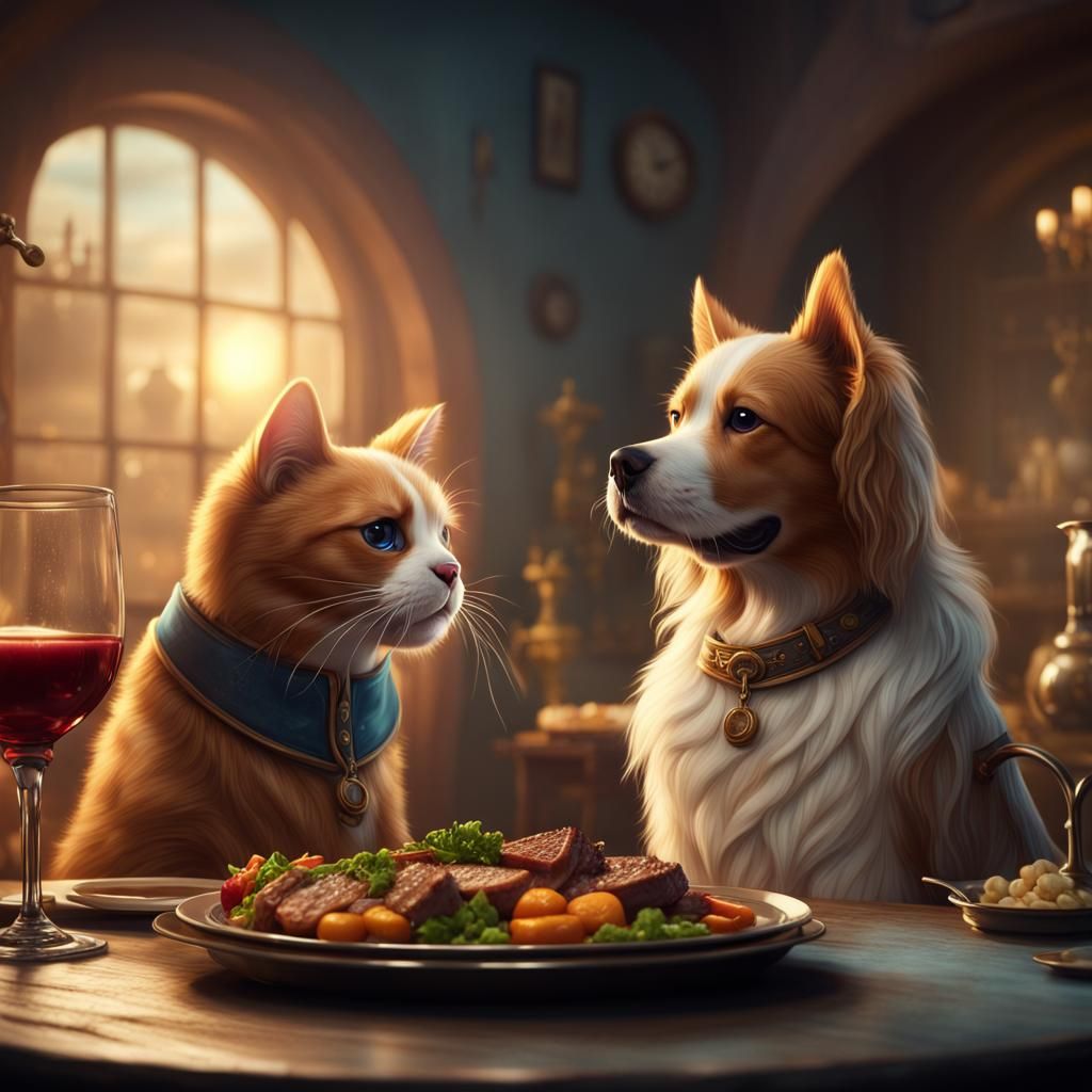 Cute Cat and Dog Dinner: Fantasy Concept Art