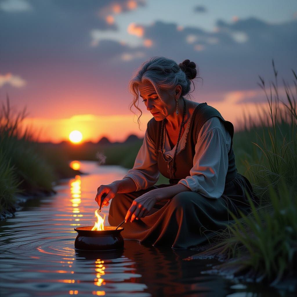 Enchanting River Witch at Sunset in Renaissance Style