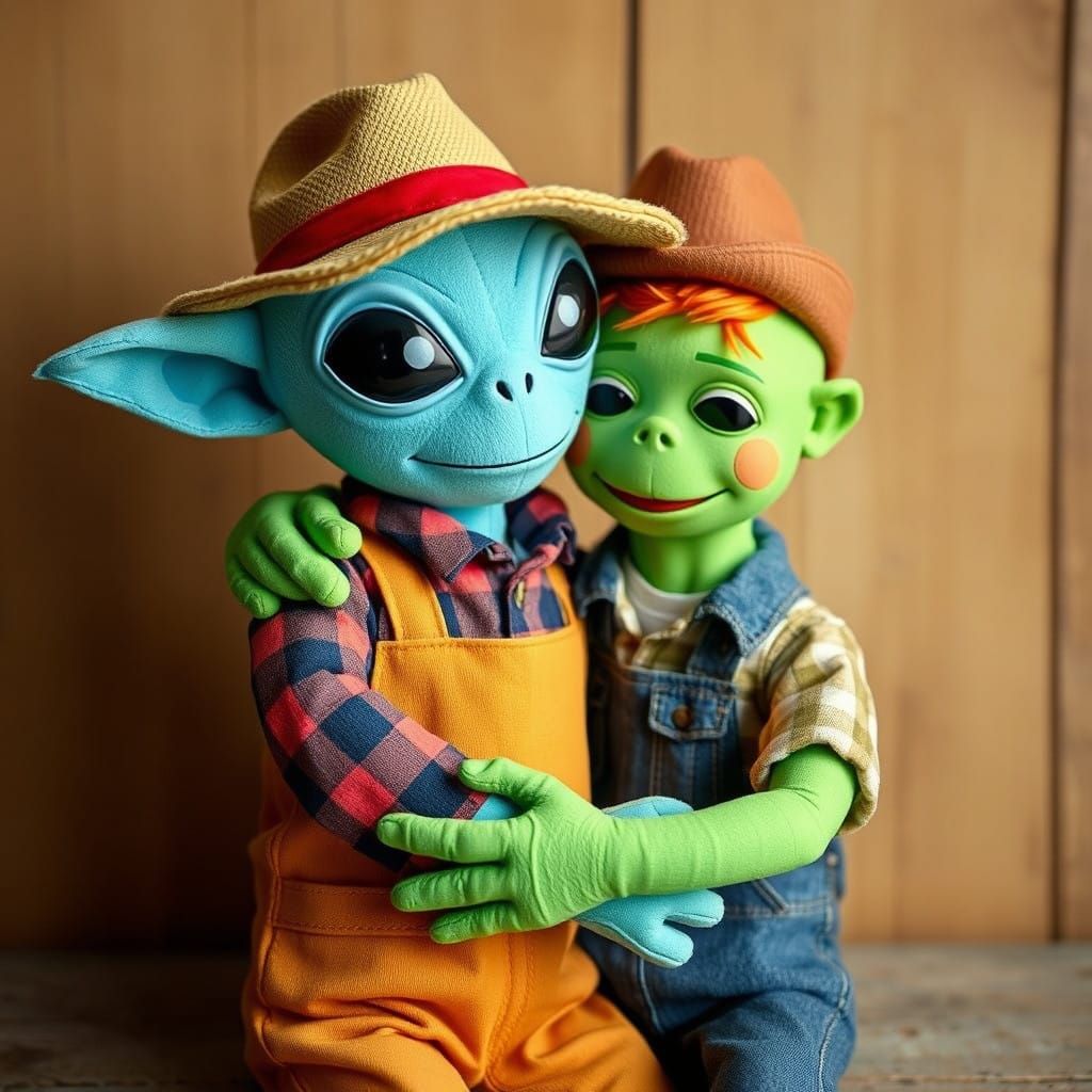 Plushie Alien Cuddles Toy Farmer Child in Heartwarming Hug