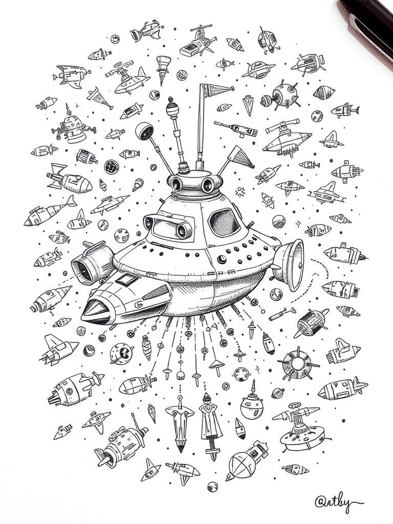 Funny Spaceship Pen Doodle Sketch